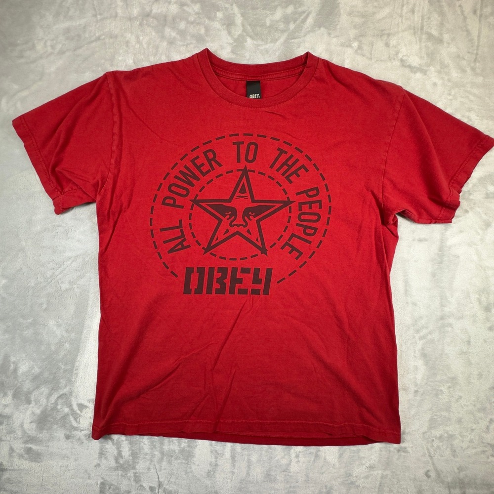 OBEY Shepard Fairey All Power to the‎ People T-Shirt Large Red Obey Giant Star